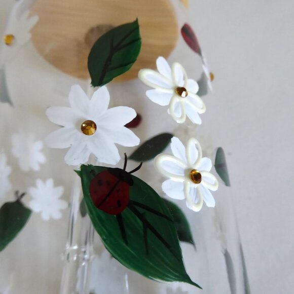 NEW 16oz HAND PAINTED DAISY FLOWER LADY BUGS BEJEWELED GLASS SIPPER W/ STRAW - Picture 8 of 13